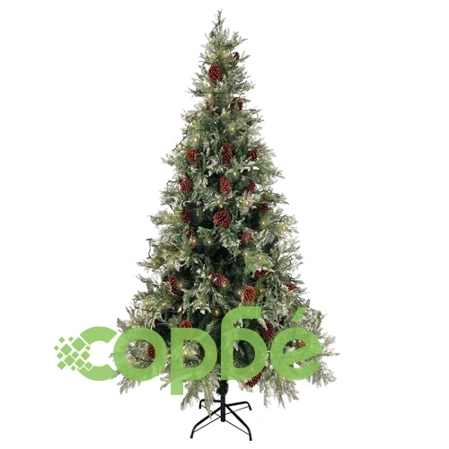 Осветена коледна елха с шишарки, зелен и бял, 225 см, PVC и PE ➤ топ цена ➤ sorbe.bg