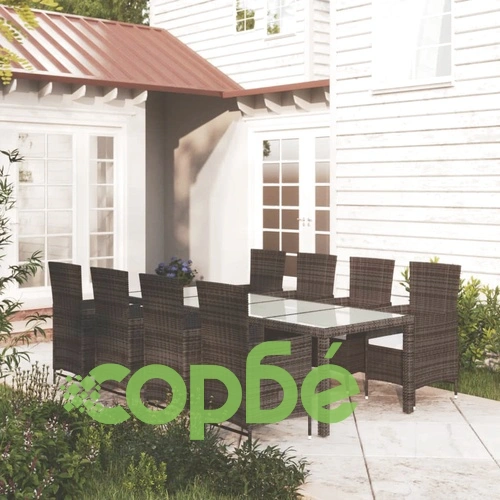 Градински комплект с възглавници, 9 части, полиратан, кафяв ➤ топ цена ➤ sorbe.bg