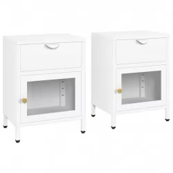 Нощни шкафчета, 2 бр, бели, 40x30x54,5 см, стомана и стъкло