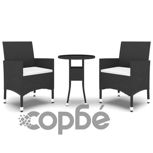 Бистро комплект от 3 части, полиратан и закалено стъкло, черен ➤ топ цена ➤ sorbe.bg