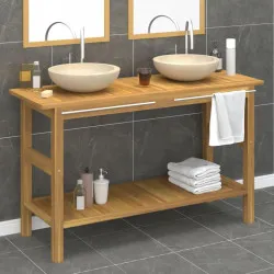 Шкаф за баня с кремави мраморни мивки, тиково дърво масив
