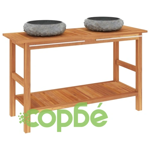 Шкаф за баня с черни мраморни мивки, тиково дърво масив ➤ топ цена ➤ sorbe.bg