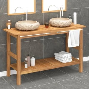 Шкаф за баня с кремави мраморни мивки, тиково дърво масив