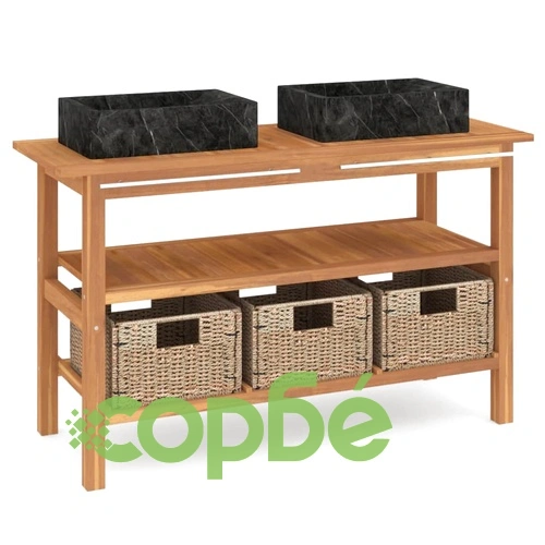 Шкаф за баня с черни мраморни мивки, тиково дърво масив ➤ топ цена ➤ sorbe.bg