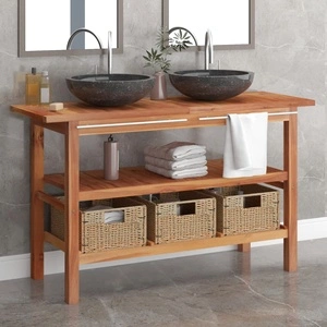 Шкаф за баня с черни мраморни мивки, тиково дърво масив