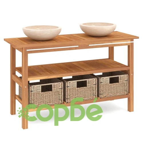 Шкаф за баня с кремави мраморни мивки, тиково дърво масив ➤ топ цена ➤ sorbe.bg