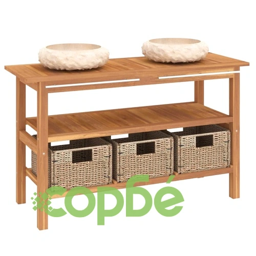 Шкаф за баня с кремави мраморни мивки, тиково дърво масив ➤ топ цена ➤ sorbe.bg