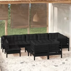 Градински комплект с възглавници, 10 части, черен, бор масив