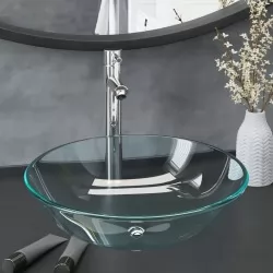 Мивка за баня с кран и сифон, прозрачно закалено стъкло