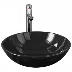 Мивка за баня с кранче и сифон, черно закалено стъкло