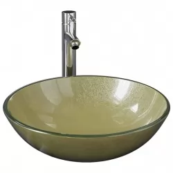 Мивка за баня с кранче и сифон, златисто закалено стъкло