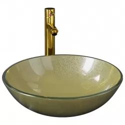 Мивка за баня с кранче и сифон, златисто закалено стъкло