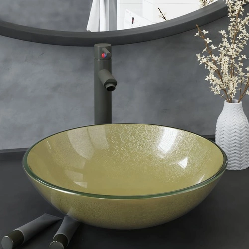 Мивка за баня с кран и сифон, златисто закалено стъкло ➤ топ цена ➤ sorbe.bg