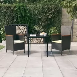 Градински трапезен комплект от 3 части с възглавници черен