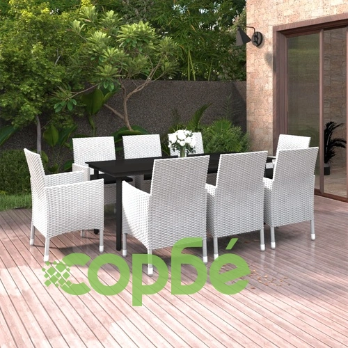 Градински комплект с възглавници, 9 части, полиратан и стъкло ➤ топ цена ➤ sorbe.bg