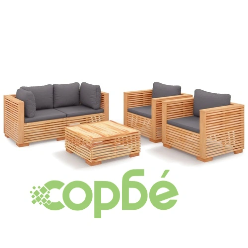 Градински комплект с възглавници, 5 части, тиково дърво масив ➤ топ цена ➤ sorbe.bg