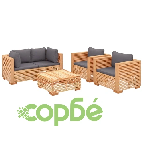 Градински комплект с възглавници, 5 части, тиково дърво масив ➤ топ цена ➤ sorbe.bg