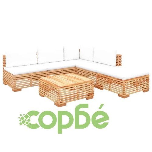 Градински комплект с възглавници, 6 части, тиково дърво масив ➤ топ цена ➤ sorbe.bg