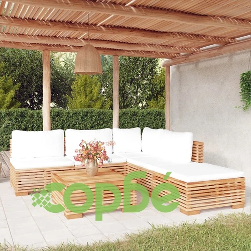 Градински комплект с възглавници, 6 части, тиково дърво масив ➤ топ цена ➤ sorbe.bg