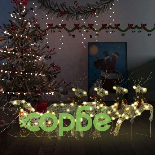 Коледна украса елени с шейна 100 LED златисто за открито ➤ топ цена ➤ sorbe.bg