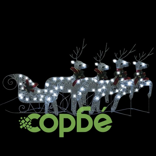 Коледна украса елени с шейна 100 LED за открито сребристо ➤ топ цена ➤ sorbe.bg