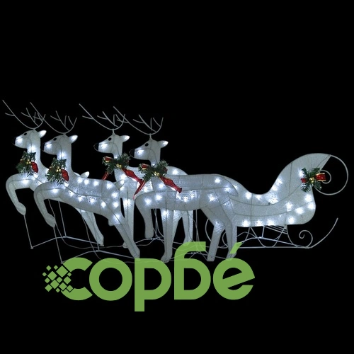 Коледна украса елен и шейна, 100 LED, за открито, бяло ➤ топ цена ➤ sorbe.bg