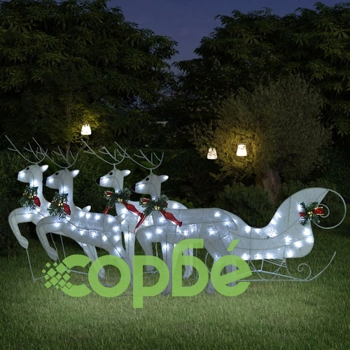 Коледна украса елен и шейна, 100 LED, за открито, бяло ➤ топ цена ➤ sorbe.bg