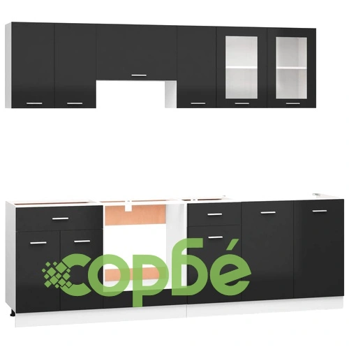 Комплект кухненски шкафове с плот, 8 части, черен гланц ➤ топ цена ➤ sorbe.bg