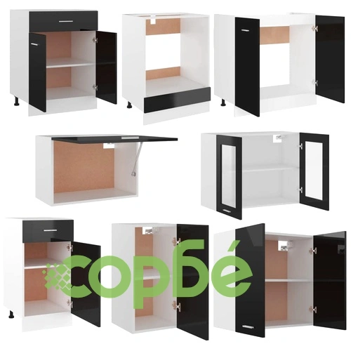 Комплект кухненски шкафове с плот, 8 части, черен гланц ➤ топ цена ➤ sorbe.bg