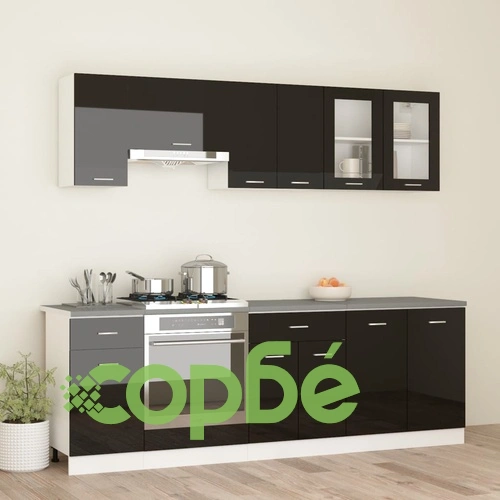 Комплект кухненски шкафове с плот, 8 части, черен гланц ➤ топ цена ➤ sorbe.bg