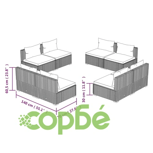 Градински лаундж комплект с възглавници 8 части полиратан черен ➤ топ цена ➤ sorbe.bg