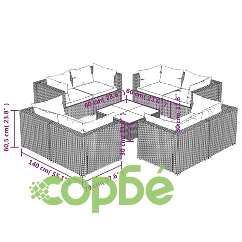 Градински лаундж комплект с възглавници 9 части полиратан черен ➤ топ цена ➤ sorbe.bg