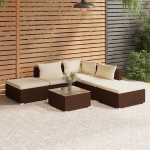 Градински лаундж комплект с възглавници 6 части кафяв полиратан