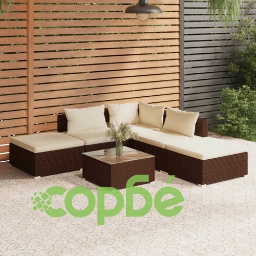 Градински лаундж комплект с възглавници 6 части кафяв полиратан ➤ топ цена ➤ sorbe.bg