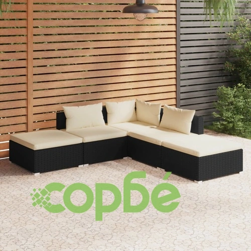 Градински лаундж комплект с възглавници 5 части черен полиратан ➤ топ цена ➤ sorbe.bg