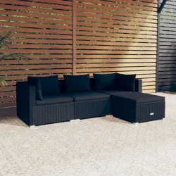 Градински лаундж комплект с възглавници 4 части полиратан черен