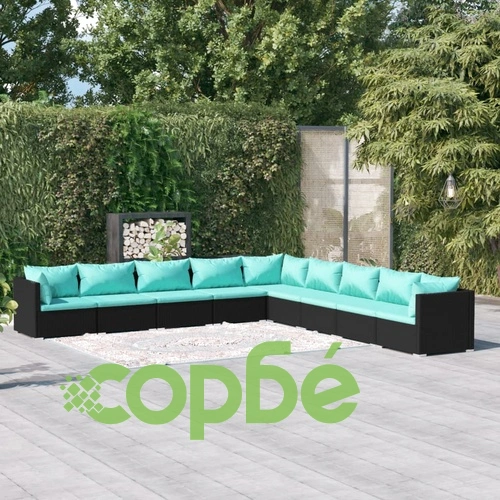 Градински лаундж комплект с възглавници 9 части полиратан черен ➤ топ цена ➤ sorbe.bg
