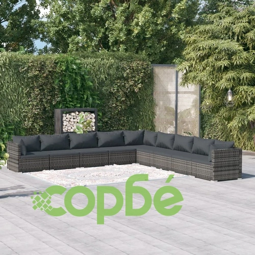 Градински лаундж комплект с възглавници 9 части полиратан сив ➤ топ цена ➤ sorbe.bg