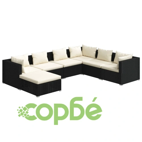 Градински лаундж комплект с възглавници 7 части черен полиратан ➤ топ цена ➤ sorbe.bg