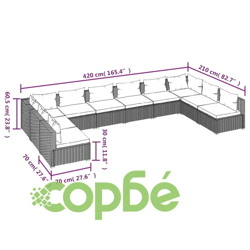 Градински комплект с възглавници 10 части полиратан черен ➤ топ цена ➤ sorbe.bg