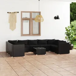 Градински комплект с възглавници, 10 части, полиратан, черен