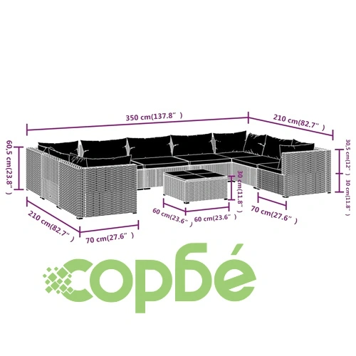 Градински комплект с възглавници, 10 части, полиратан, черен ➤ топ цена ➤ sorbe.bg