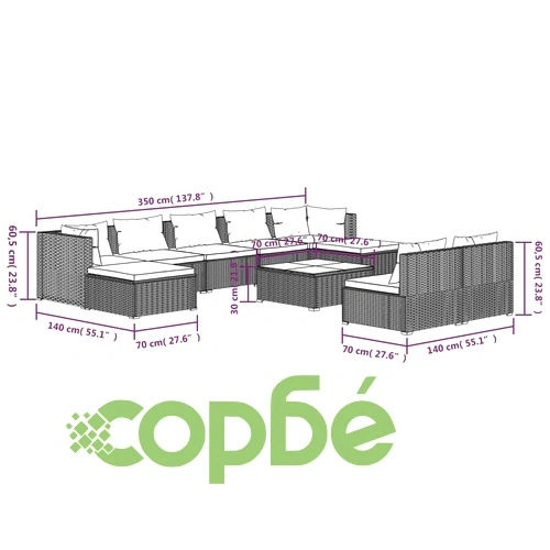 Градински лаундж комплект с възглавници 10 части сив полиратан ➤ топ цена ➤ sorbe.bg