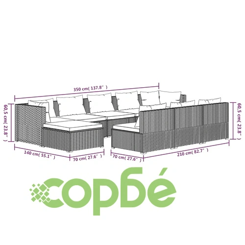 Градински комплект с възглавници 10 части кафяв полиратан ➤ топ цена ➤ sorbe.bg