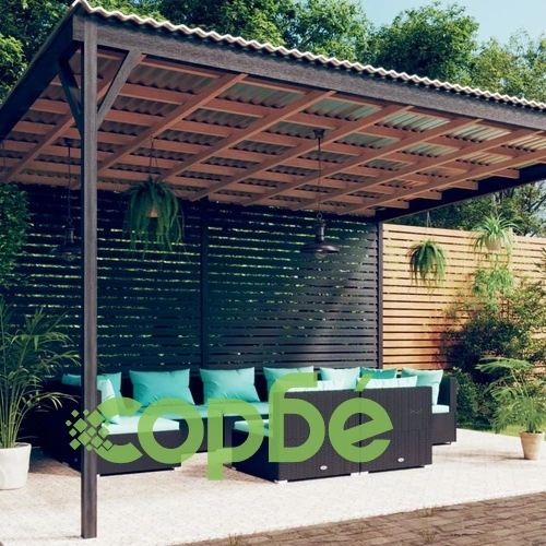 Градински комплект с възглавници, 9 части, черен, полиратан ➤ топ цена ➤ sorbe.bg