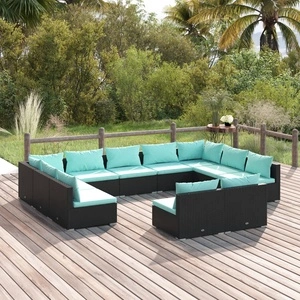 Градински комплект с възглавници, 11 части, черен, полиратан