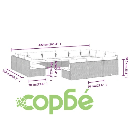 Градински комплект с възглавници, 13 части, черен, полиратан ➤ топ цена ➤ sorbe.bg