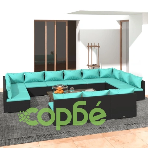 Градински комплект с възглавници, 13 части, черен, полиратан ➤ топ цена ➤ sorbe.bg