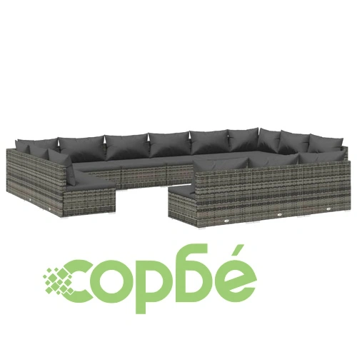 Градински лаундж комплект с възглавници 13 части сив полиратан ➤ топ цена ➤ sorbe.bg