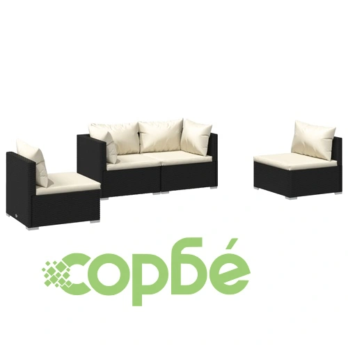 Градински лаундж комплект с възглавници 4 части полиратан черен ➤ топ цена ➤ sorbe.bg